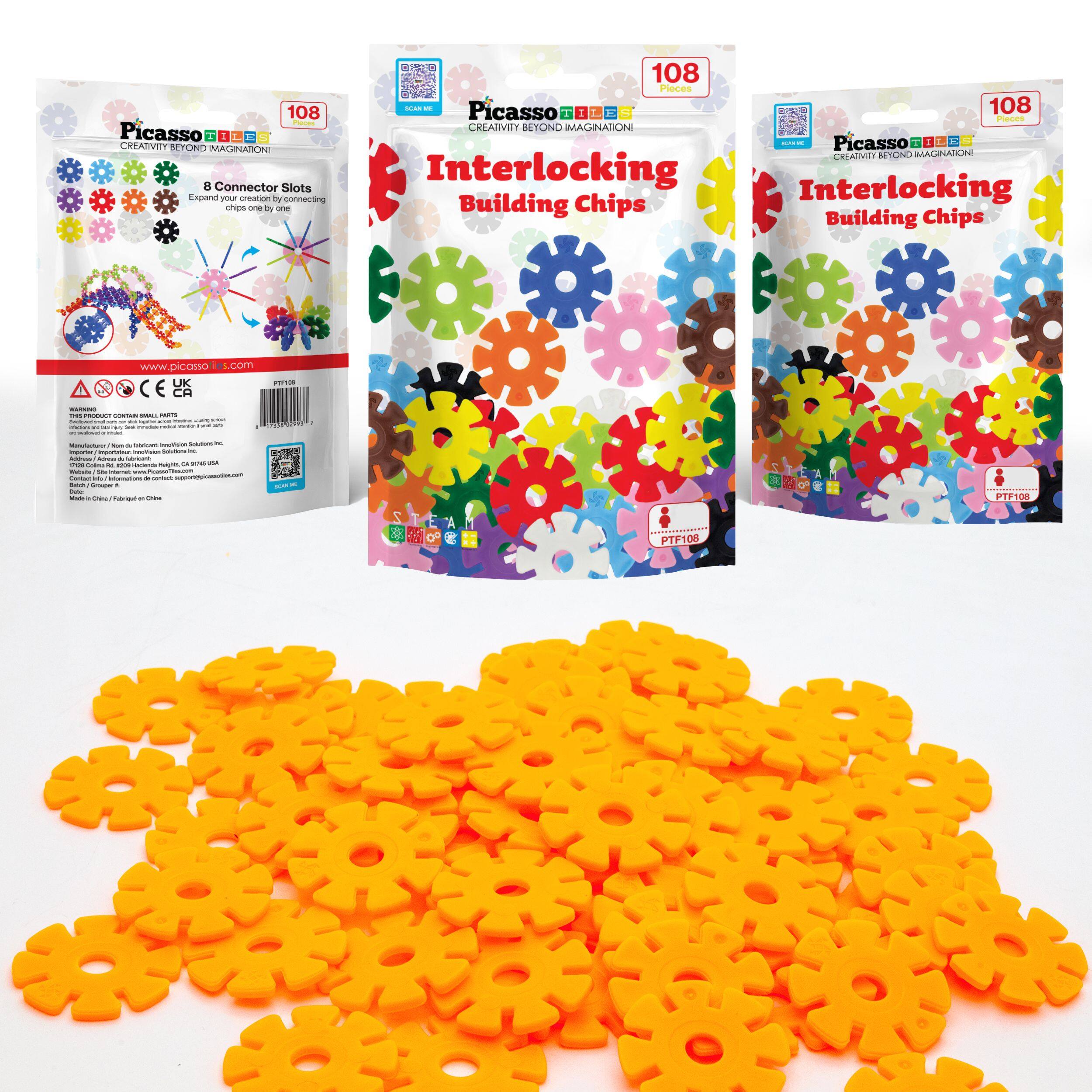 108 | Picasso: Creativity Beyond Imagination  
8 Connector Slots  
Expand your creativity by connecting chips one by one  

Interlocking Building Chips  

www.picasso16.com  

CE UK  

Made in China  

108 Pieces  

Picasso: Creativity Beyond Imagination  
Interlocking Building Chips  

108 Pieces  

Picasso: Creativity Beyond Imagination  
Interlocking Building Chips  

108 Pieces  

PFT108