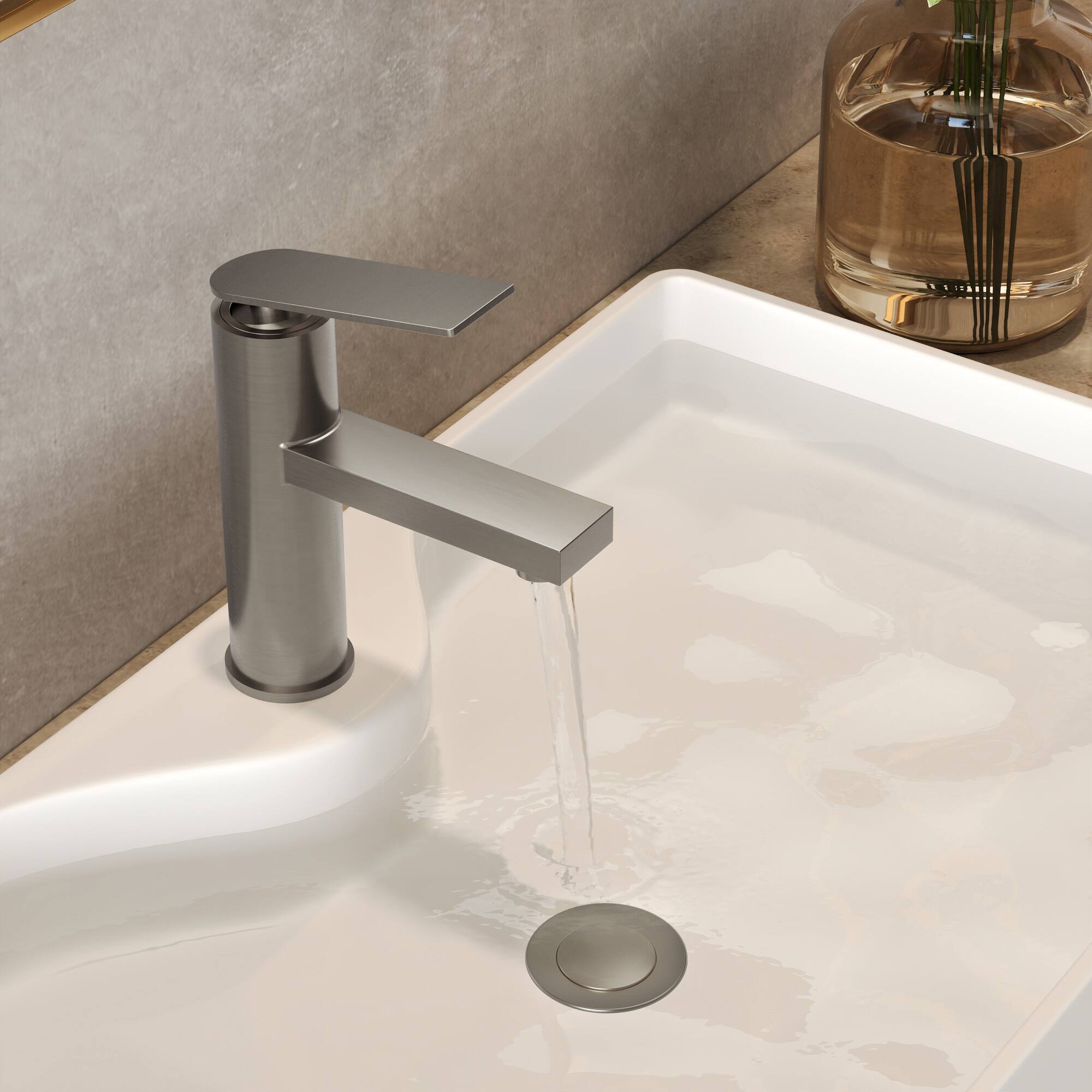 Alt View 8. GRANDJOY - Single Handle Low-Arc Vessel Sink Faucet, 3.6 in. Flat Spout Height with Pop-Up Drain - Brushed Nickel.