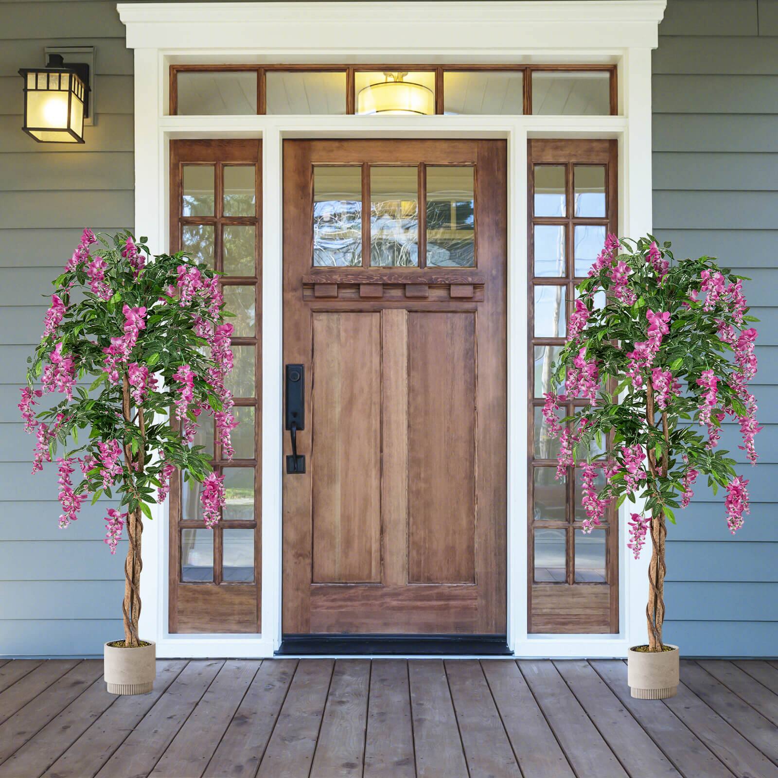 Alt View 1. Costway - Costway 2 PCS 5.5 FT Tall Artificial Ficus Tree Faux Wisteria Plant in Nursery Pot Decoration Pink - Green,Brown,Rosy.