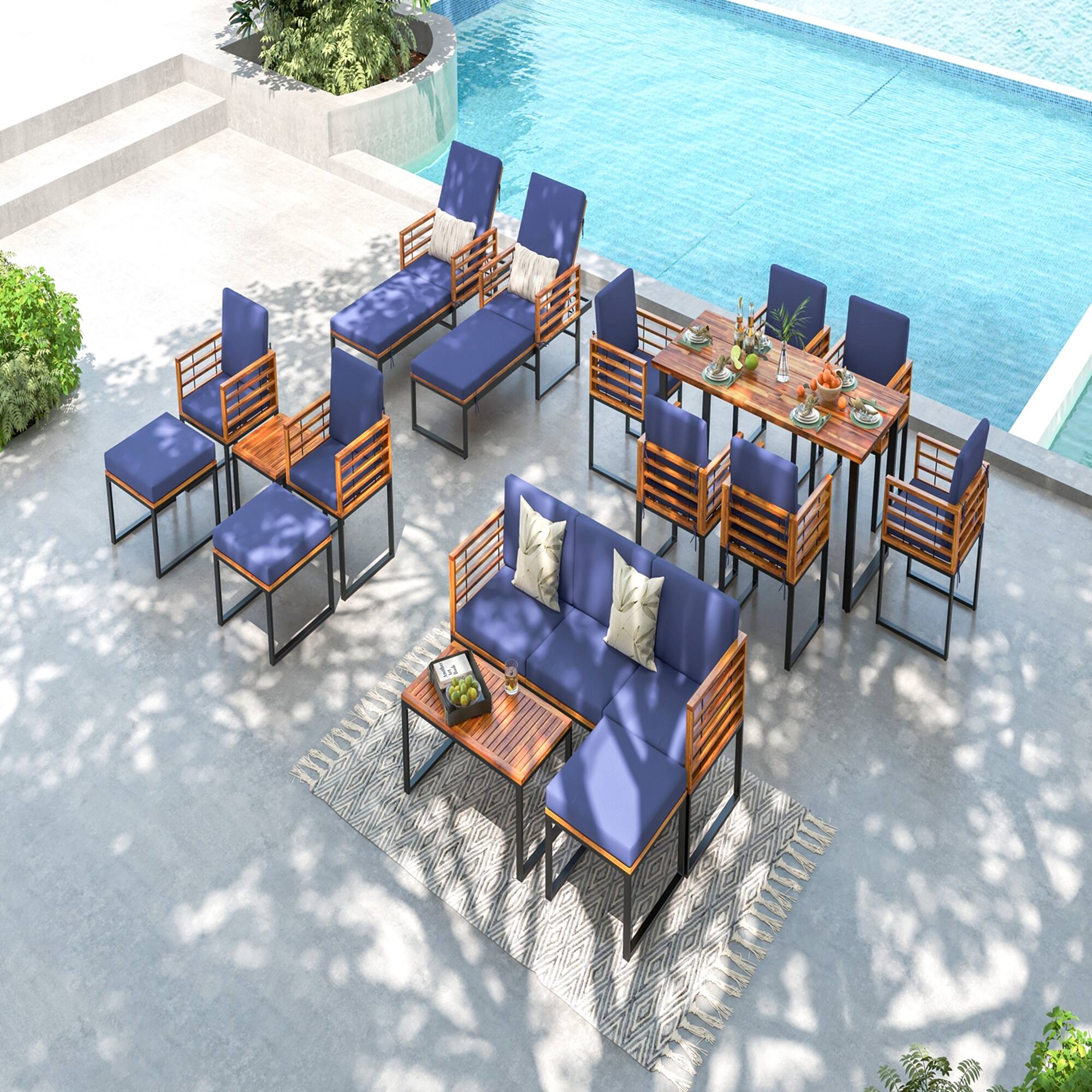 Alt View 4. Costway - Costway 5pcs Patio Acacia Wood Cushioned Chair Ottoman Table Furniture Set Outdoor - Black,Natural,Navy Blue.