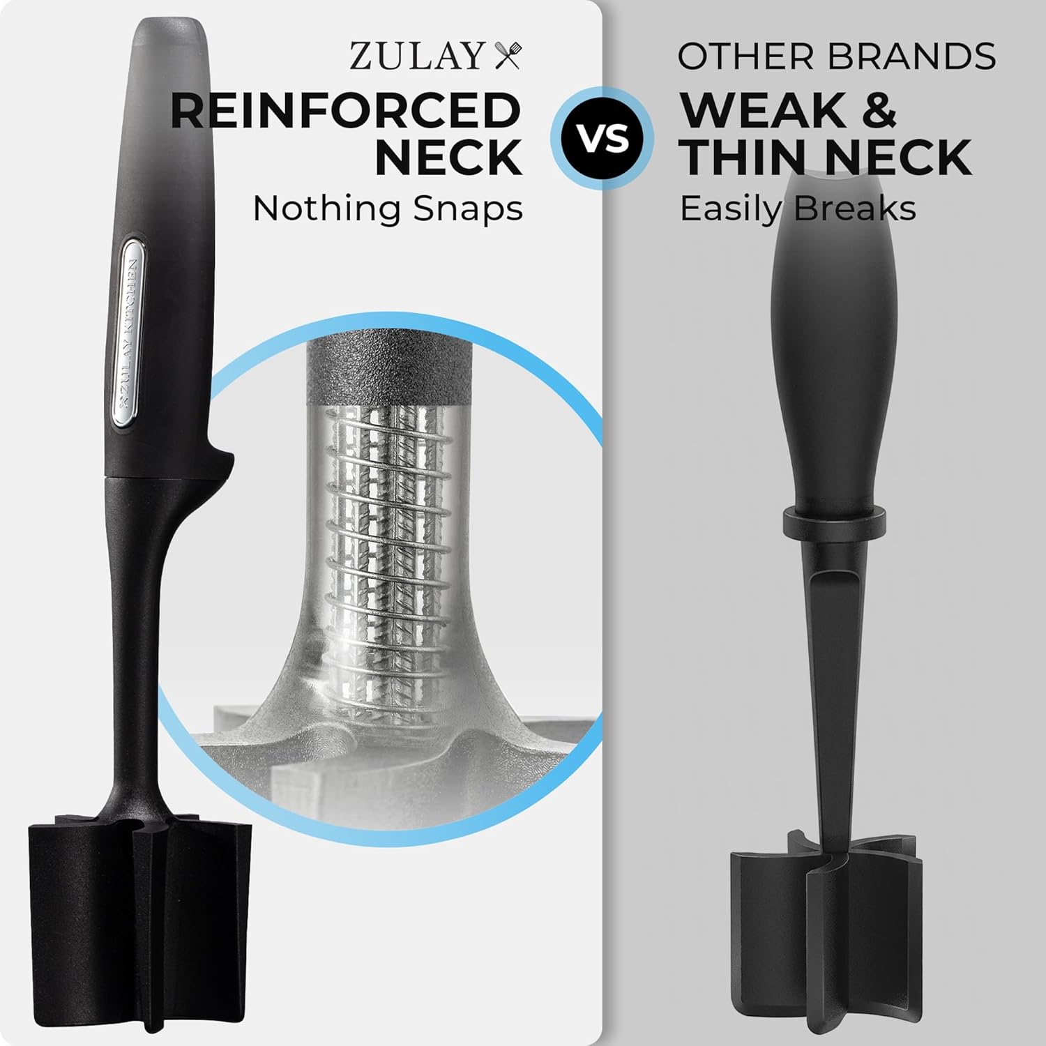 ZULAY x OTHER BRANDS  
REINFORCED NECK vs WEAK & THIN NECK  
Nothing Snaps Easily Breaks