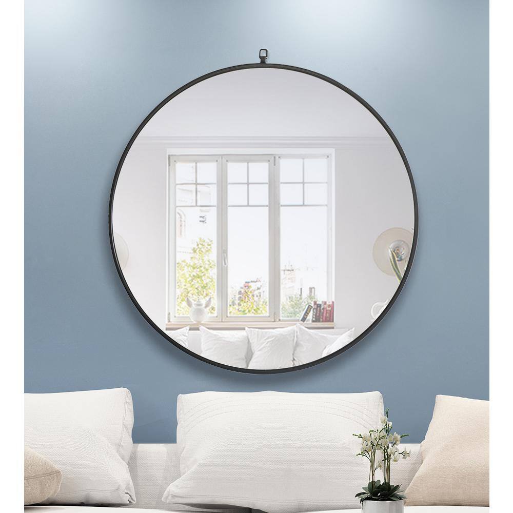 Left. Elegant Decor - Metal frame Round Mirror with decorative hook 36 inch Black finish - Black.