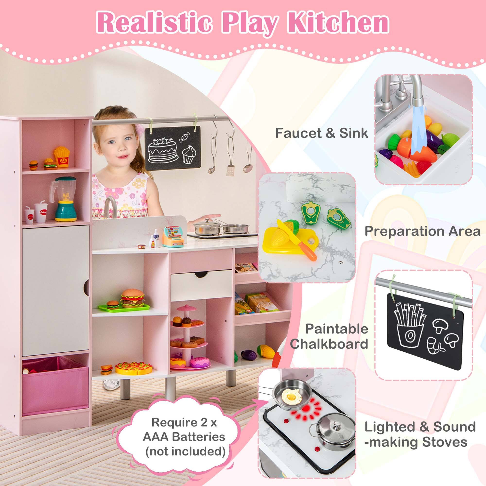 Realistic Play Kitchen

- Faucet & Sink
- Preparation Area
- Paintable Chalkboard
- Lighted & Sound-making Stoves

Require 2 x AAA Batteries (not included)