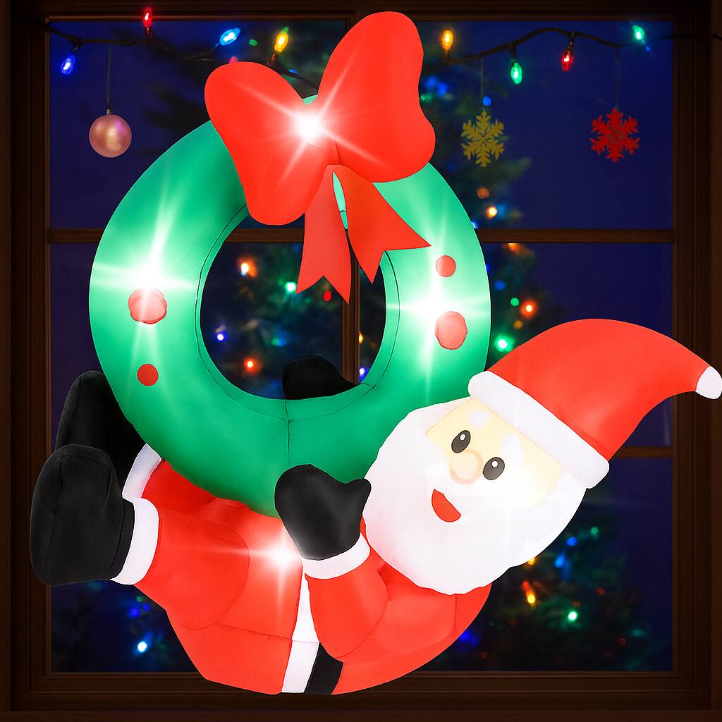 Angle. BreeBe - Christmas Inflatable 4FT Wreath with Santa, Bow, and 5 LEDs - Multicolor.