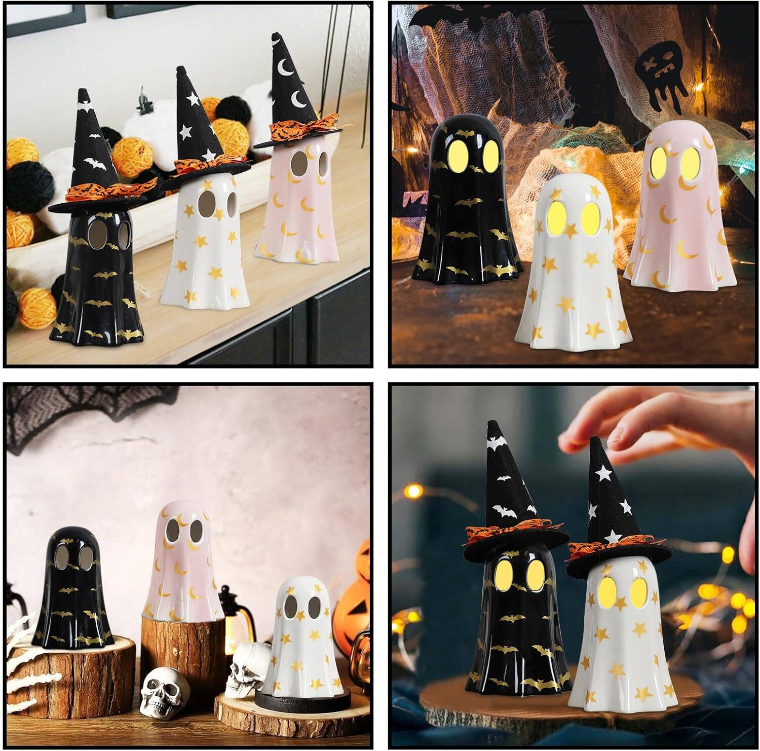 Alt View 3. Sunoyar - Halloween Ceramic Ghost Figurines with Witch Hats and Tea Lights 3 Piece Set - White.