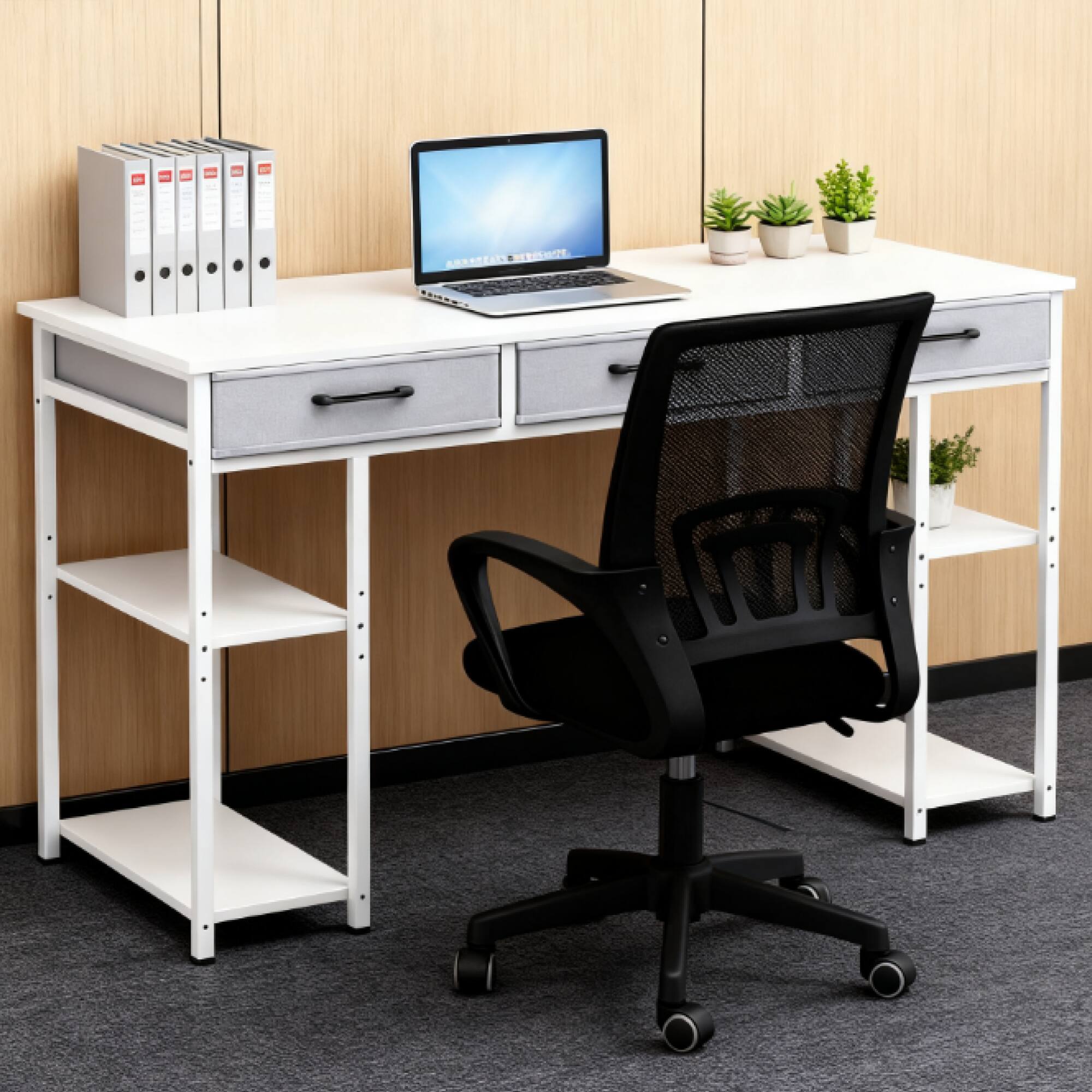 Alt View 4. GOODSILO - Compact Home Office Writing Desk with Fabric Drawers and Adjustable Storage Shelves for Small Spaces - White.