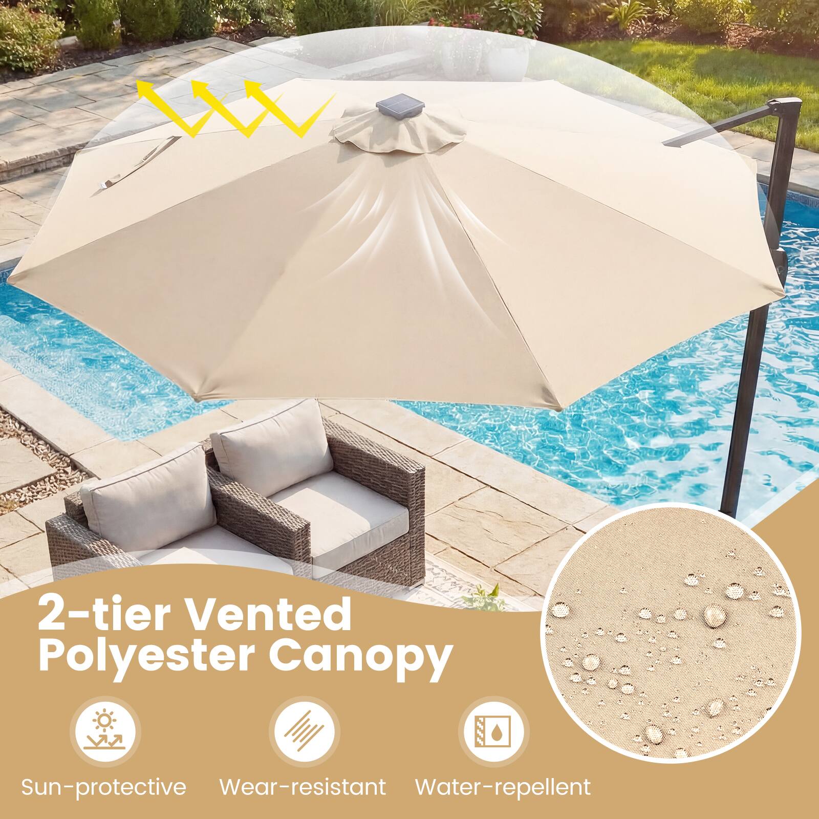2-tier Vented Polyester Canopy  
Sun-protective  
Wear-resistant  
Water-repellent