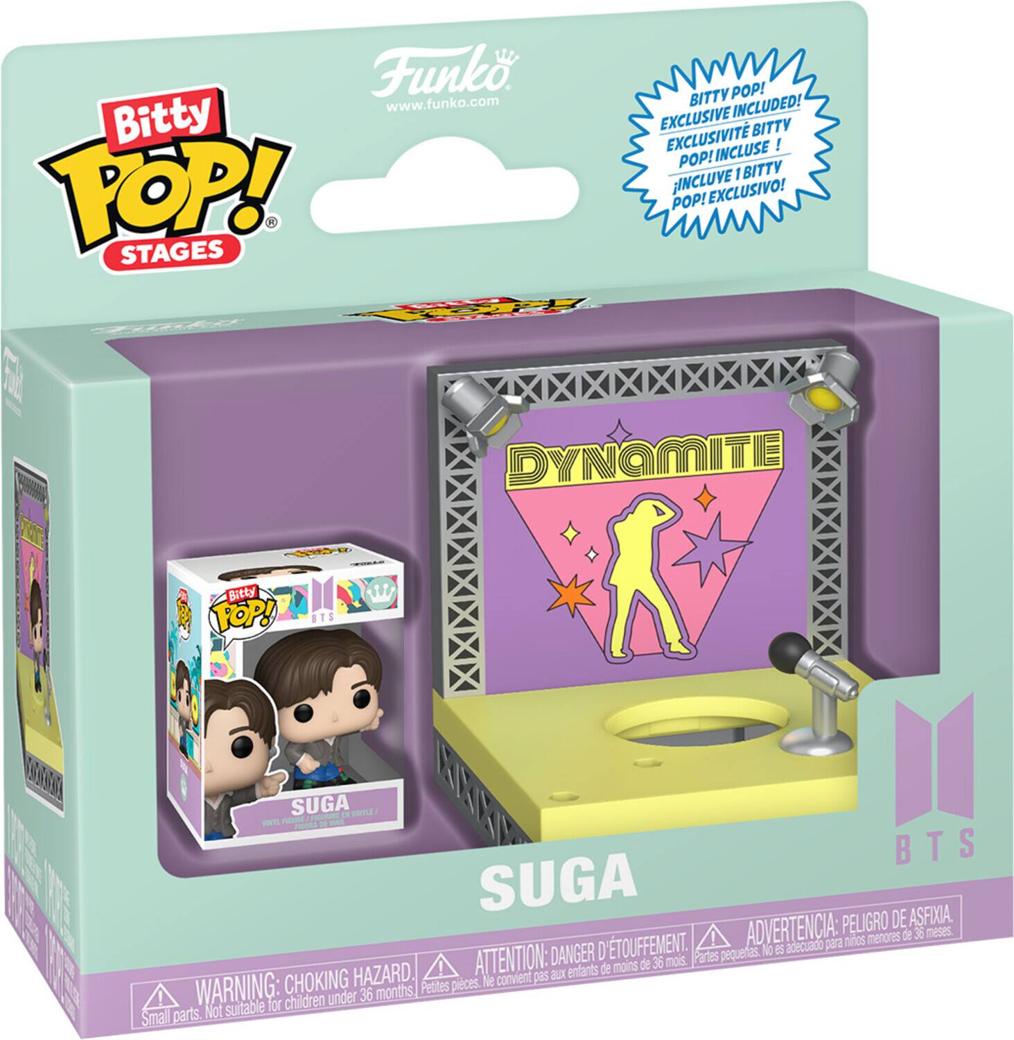 Sure, here is the corrected and grouped text from the image:

---

**Funko**  
www.funko.com

**Bitty POP! STAGES**

**BITTY POP! EXCLUSIVE INCLUDED!**  
EXCLUSIVITÉ BITTY POP! INCLUSE!  
¡INCLUYE 1 BITTY POP! EXCLUSIVO!

**DYNAMITE**  
SUGA

**BTS**

**WARNING: CHOKING HAZARD**  
Small parts. Not suitable for children under 36 months.

**ATTENTION: DANGER D'ÉTOUFFEMENT**  
Petites pièces. Ne convient pas aux enfants de moins de 36 mois.

**ADVERTENCIA: PELIGRO DE ASFIXIA**  
Partes pequeñas. No es adecuado para niños menores de 36 meses.

---

This text is organized to reflect the information on the packaging, including the brand, product name, exclusivity note, warning labels, and the BTS logo.
