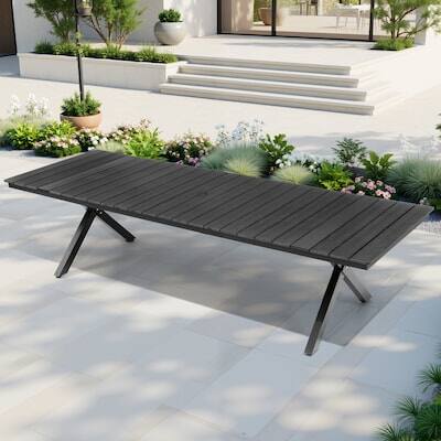 Alt View 7. Crestlive Products - Crestlive Products X-Leg Large Patio Plastic Wood Top Aluminum Frame Outdoor Dining Table with Umbrella Hole - Black.