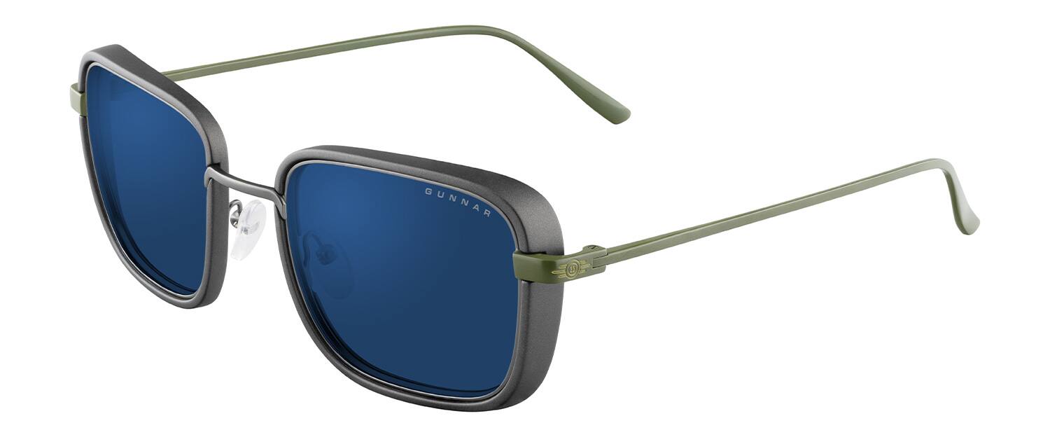 Left. GUNNAR - Fallout Vault 33 Computer Glasses with Blue Light Reduction, Sun Lenses - Gunmetal/Olive.