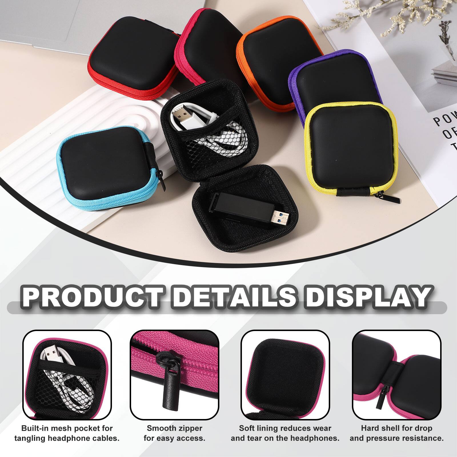 PRODUCT DETAILS DISPLAY

- Built-in mesh pocket for tangling headphone cables.
- Smooth zipper for easy access.
- Soft lining reduces wear and tear on the headphones.
- Hard shell for drop and pressure resistance.