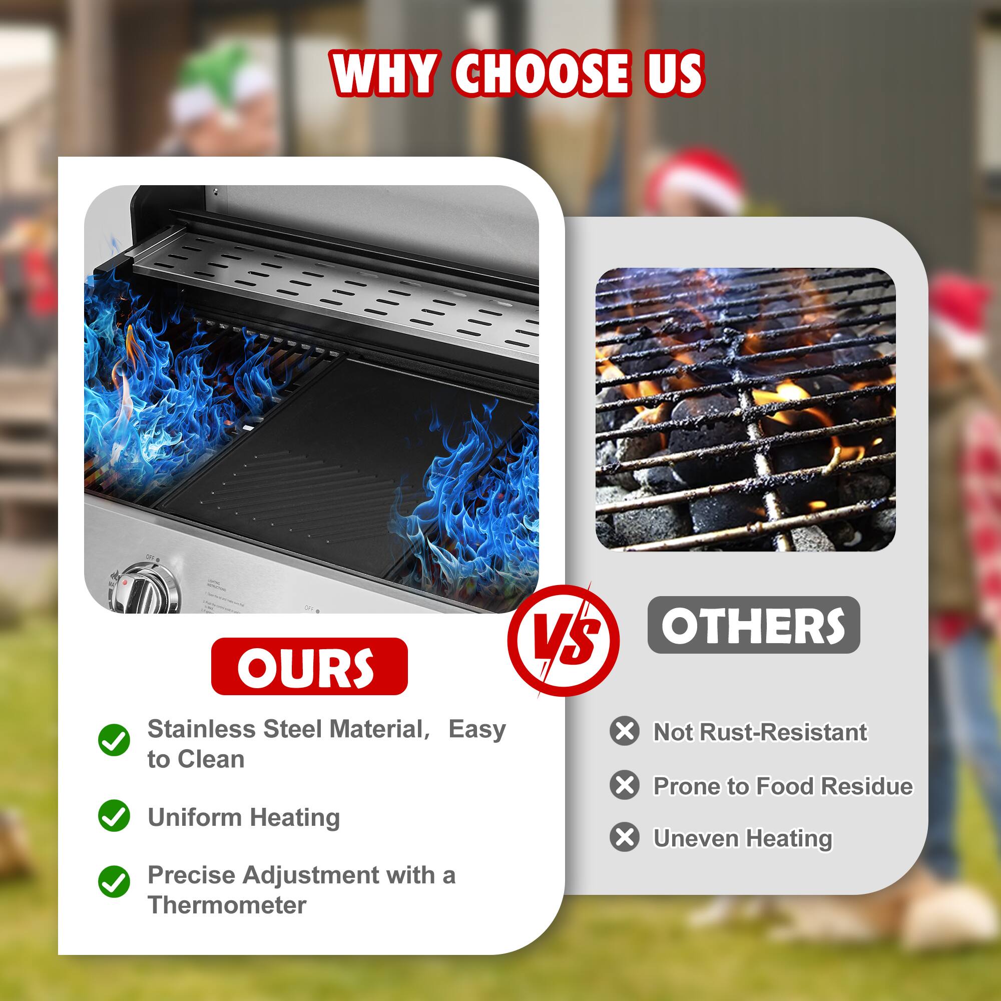 WHY CHOOSE US

OURS
- Stainless Steel Material, Easy to Clean
- Uniform Heating
- Precise Adjustment with a Thermometer

VS

OTHERS
- Not Rust-Resistant
- Prone to Food Residue
- Uneven Heating