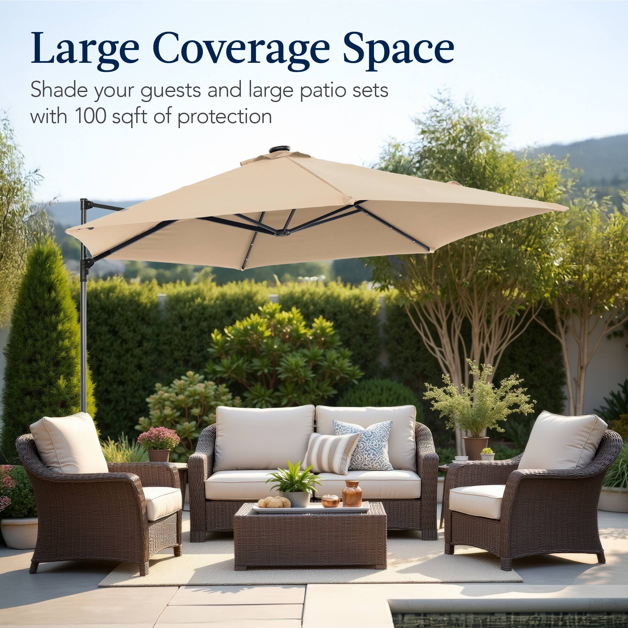 Large Coverage Space

Shade your guests and large patio sets with 100 sqft of protection.