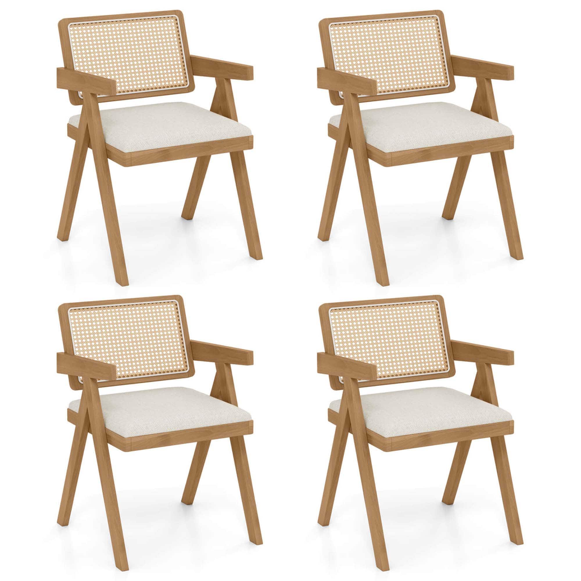 Costway - Set of 4 Rattan Accent Chairs Fabric Dining Chairs Modern Living Room Chairs - Natural & Beige
