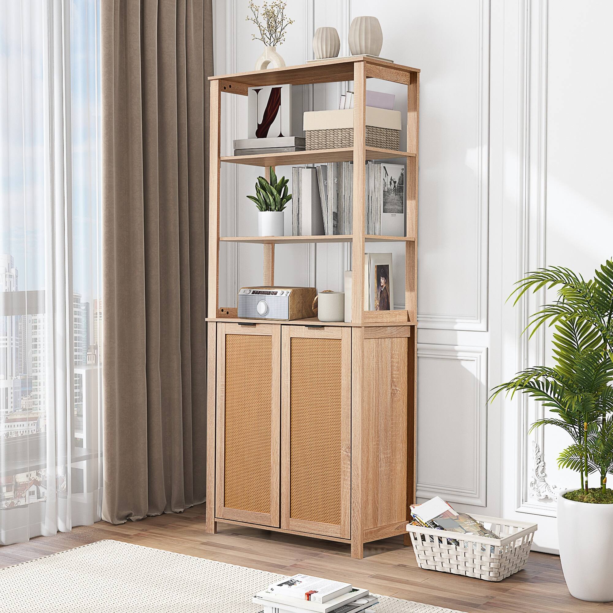Left. U-HOMY - U-HOMY Rattan Bookcase with Cabinet – Farmhouse Storage Shelf, Durable MDF, 3-Tier Bookshelf for Living Room - Beige.