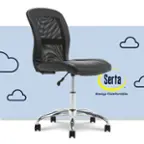 The image features a black office chair with a black leather seat and a silver metal base. The chair is positioned in front of a blue background with white clouds. The text "Serta Always Comfortable" is displayed in the background, emphasizing the comfort aspect of the chair.