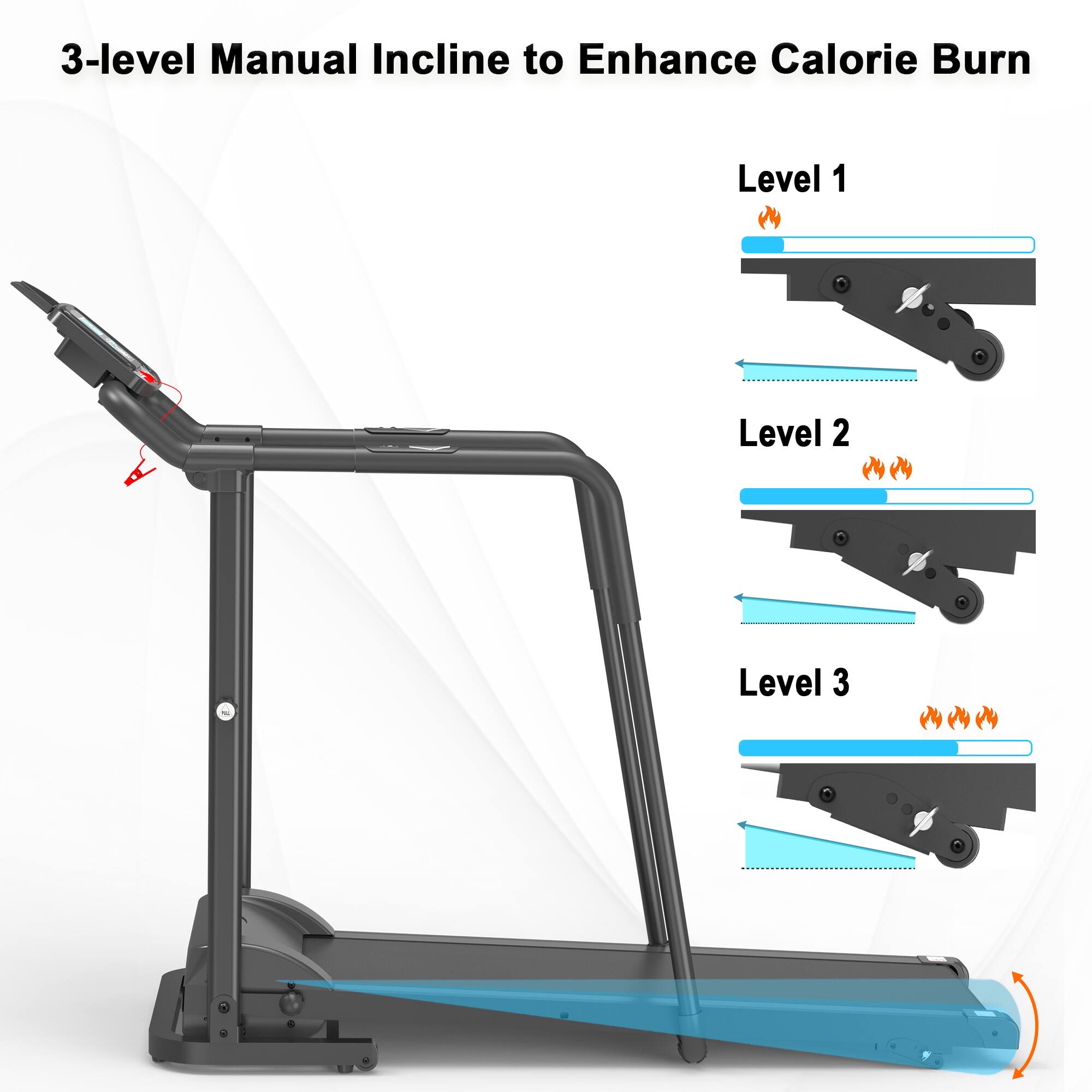 3-level Manual Incline to Enhance Calorie Burn

Level 1

Level 2

Level 3