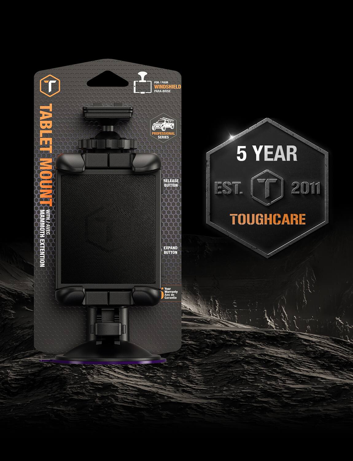 The corrected text is:
"Tablet Mount with Mammoth Extension for Windshield Para-Exda Professional Series Release Button Expand Button 5 Year Est. 2011 Toughcare Tear Warranty and DE Garantie"