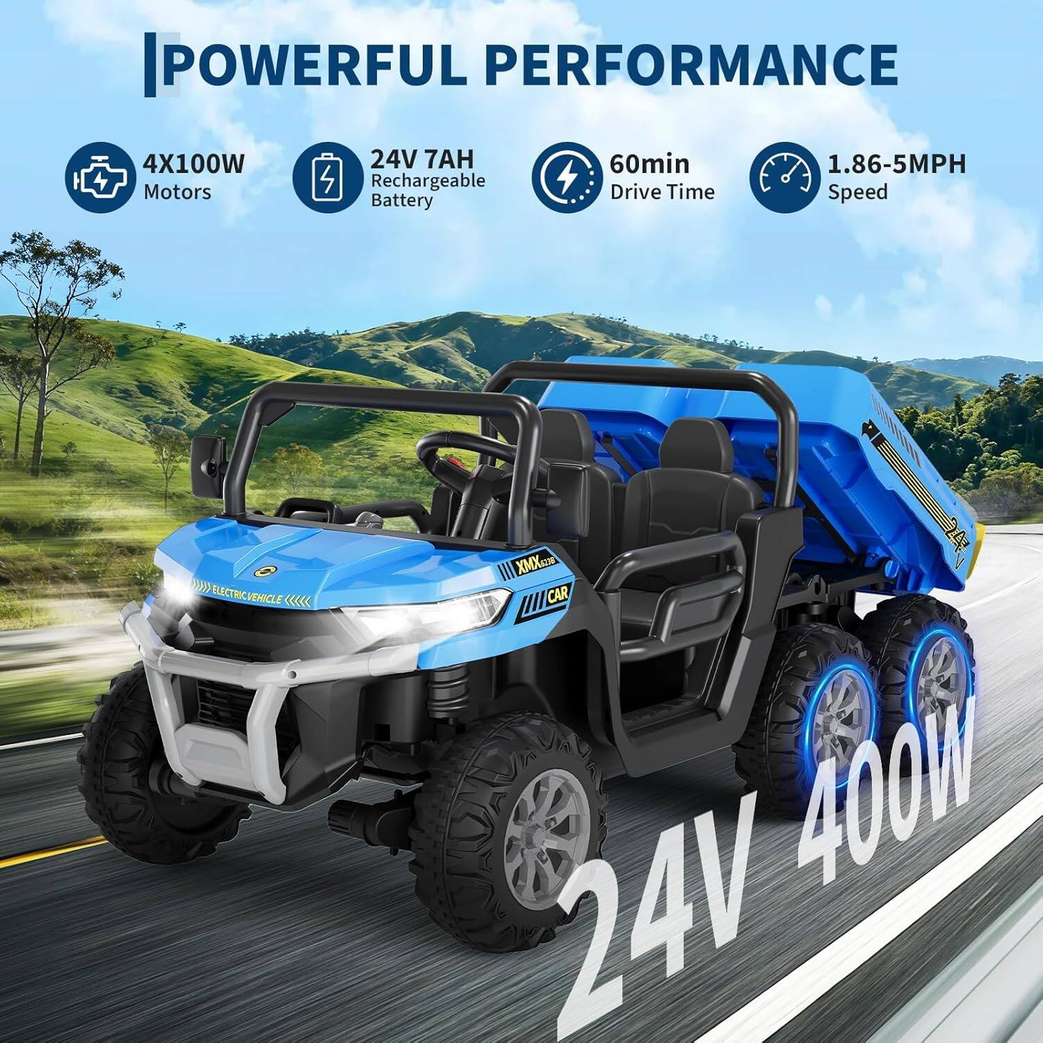 POWERFUL PERFORMANCE  
4X100W Motors  
24V 7AH Rechargeable Battery  
60min Drive Time  
1.86-5MPH Speed  

WW-ELECTRIC VEHICLE  
ELECTRIC VEHICLE <<<<< XMX CAR  
400W 24V
