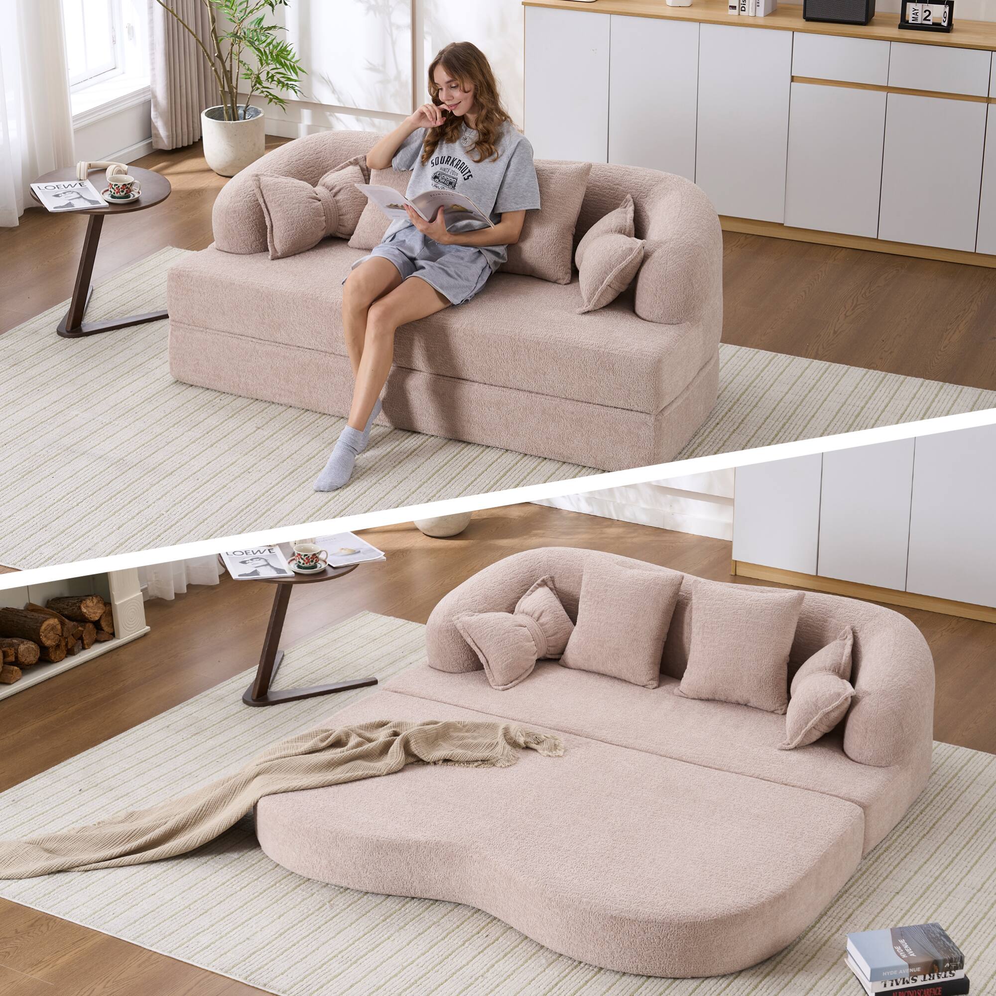 GOODSILO - Versatile 2-in-1 Foldable Sofa Bed with Convertible Design and Included Pillows for Modern Living Spaces - Apricot