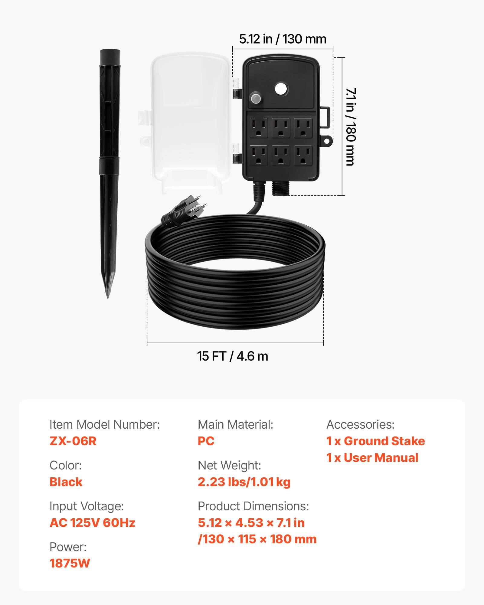 5.12 in / 130 mm  
7.1 in / 180 mm  
15 FT / 4.6 m  

Item Model Number: ZX-06R  
Color: Black  
Main Material: PC  
Accessories: 1 X Ground Stake, 1 x User Manual  
Net Weight: 2.23 lbs/1.01kg  
Input Voltage: AC 125V 60Hz  
Power: 1875W  
Product Dimensions: 5.12 X 4.53 x 7.1 in /130 X 115 x 180 mm