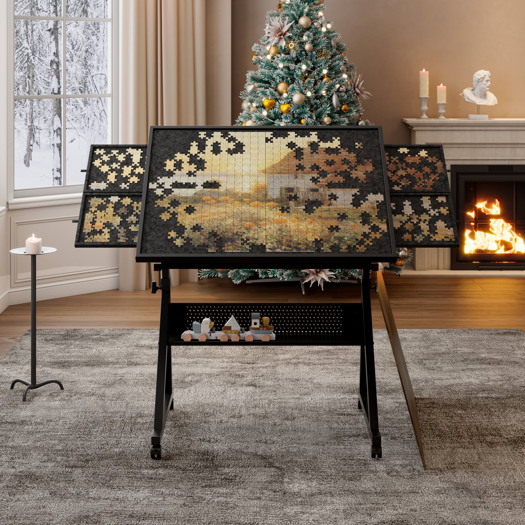 Alt View 5. GOODSILO - Adjustable Height Puzzle Table with Storage Trays and Rolling Wheels for Large 1500-Piece Jigsaw Projects - Black.
