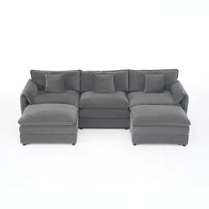 Front. Boyel Living - Modern Minimalist Grey Chenille Sofa with Side Storage Pockets 5-Seat - Grey.