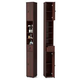 Gymax - Tall Slim Bathroom Storage Cabinet Linen Tower w/Drawer Adjustable Shelves - Brown