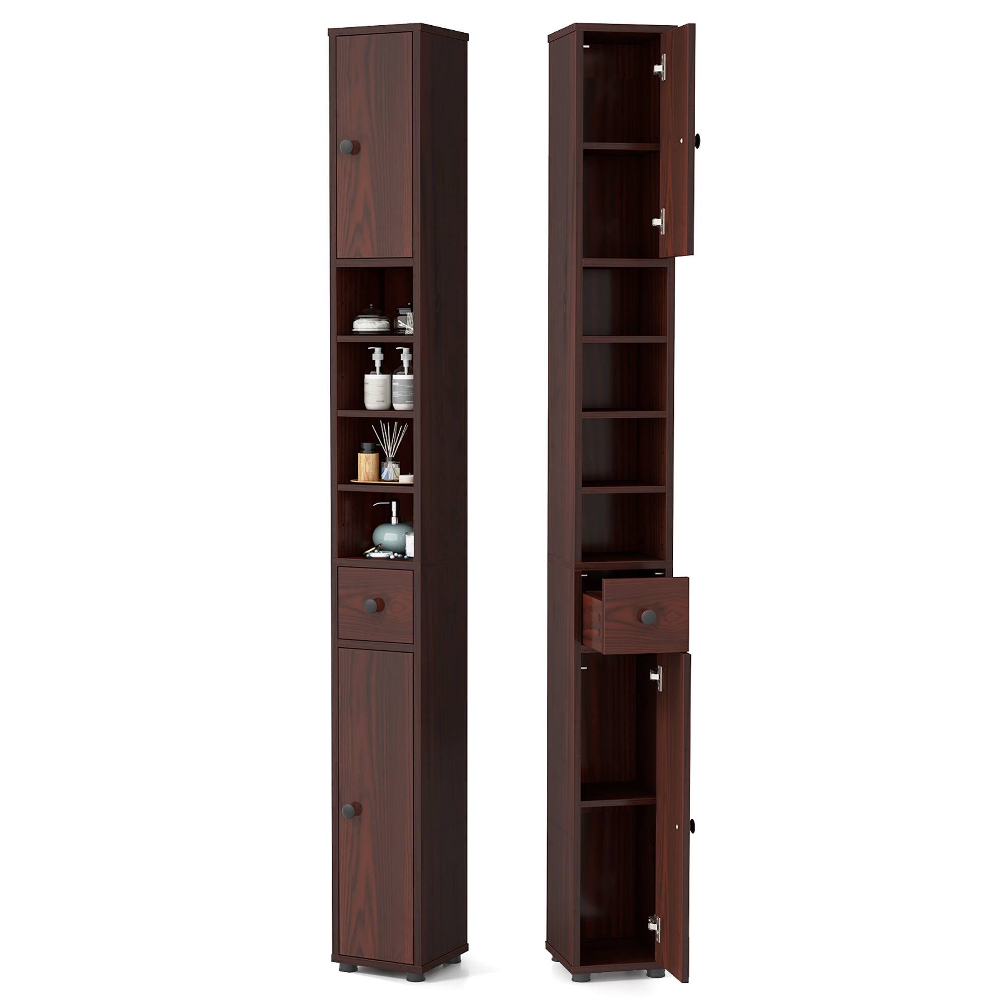 Gymax - Tall Slim Bathroom Storage Cabinet Linen Tower w/Drawer Adjustable Shelves - Brown