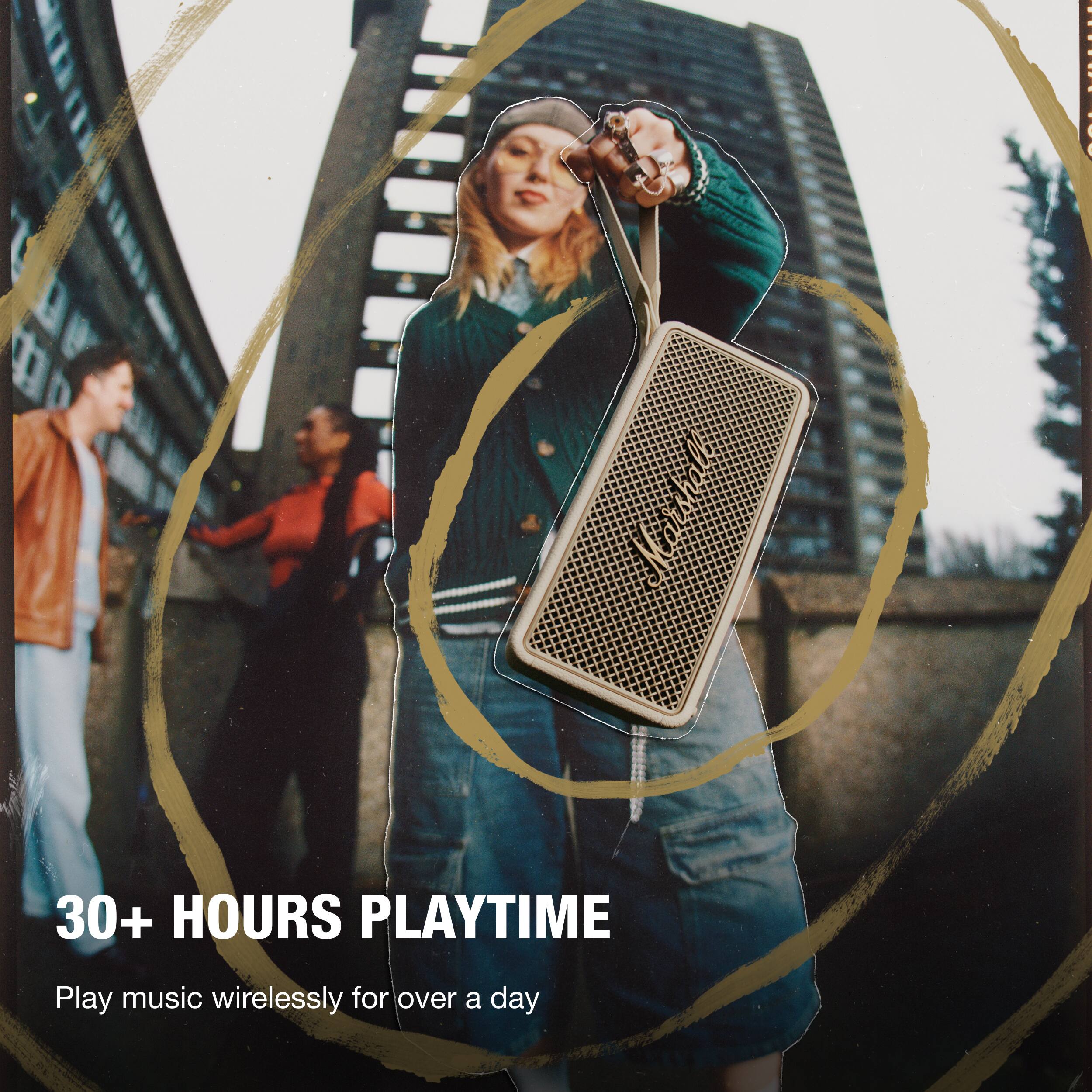 The text on the image reads: "Marshall 30+ HOURS PLAYTIME Play music wirelessly for over a day".