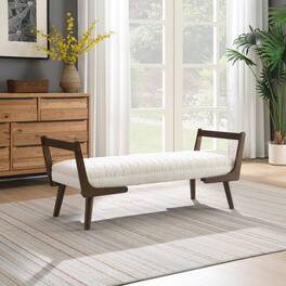 GOODSILO - Mid-Century Modern Upholstered Bench with Walnut Wood Legs and Channeled Tufted Design for Living Spaces - Beige
