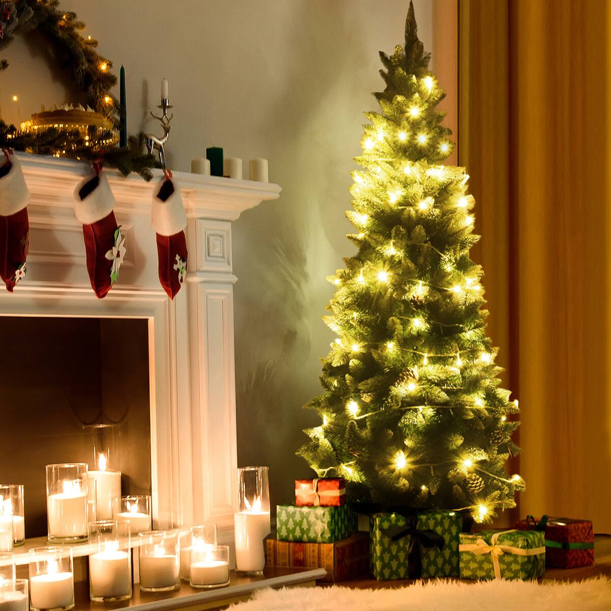 Alt View 11. Costway - 6ft Snow Flocked Unlit Pencil Christmas Tree Hinged Pine Cones - Green/White.