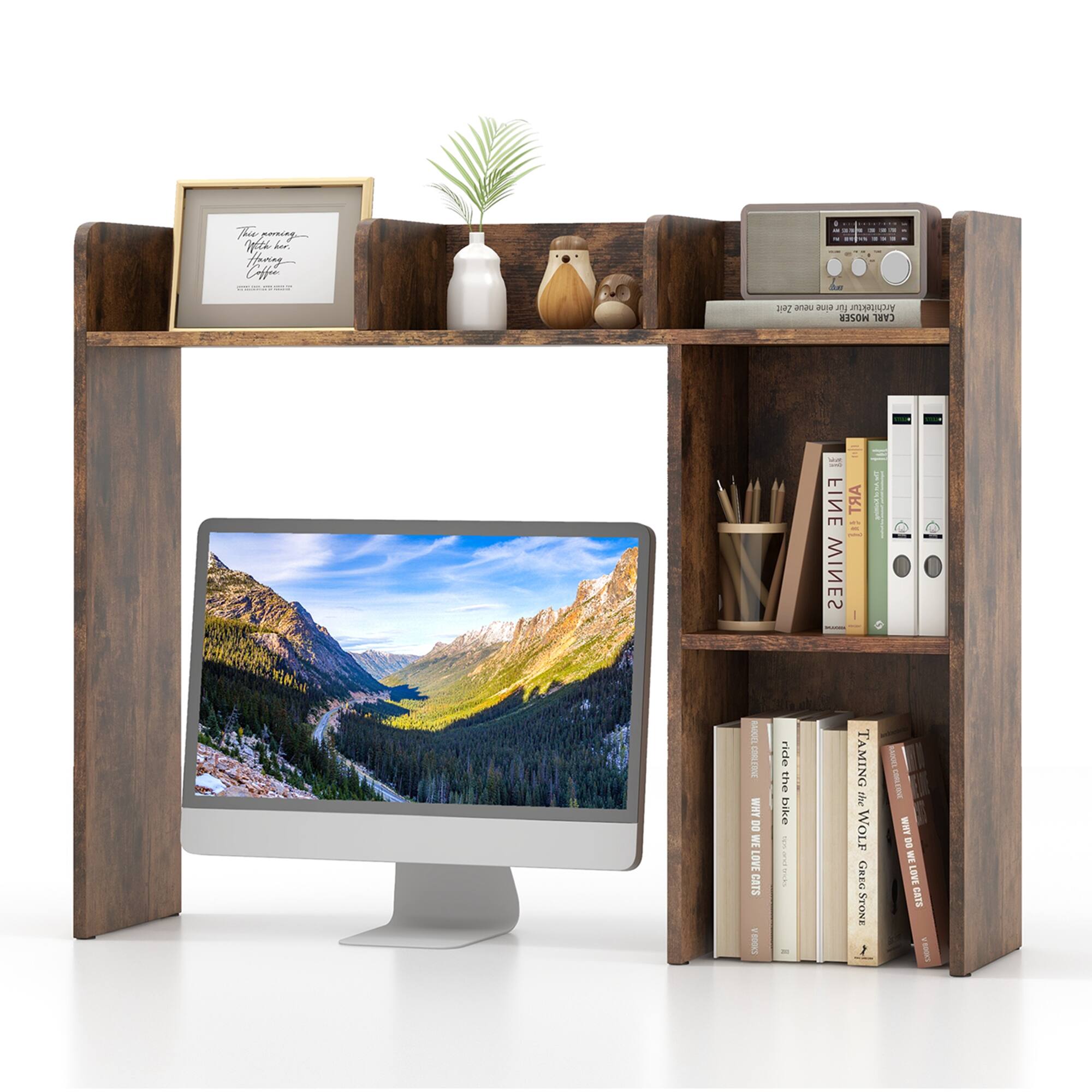 Costway - Desk Bookshelf Desktop Storage Organizer Display Shelf Rack Dorm Office - Brown