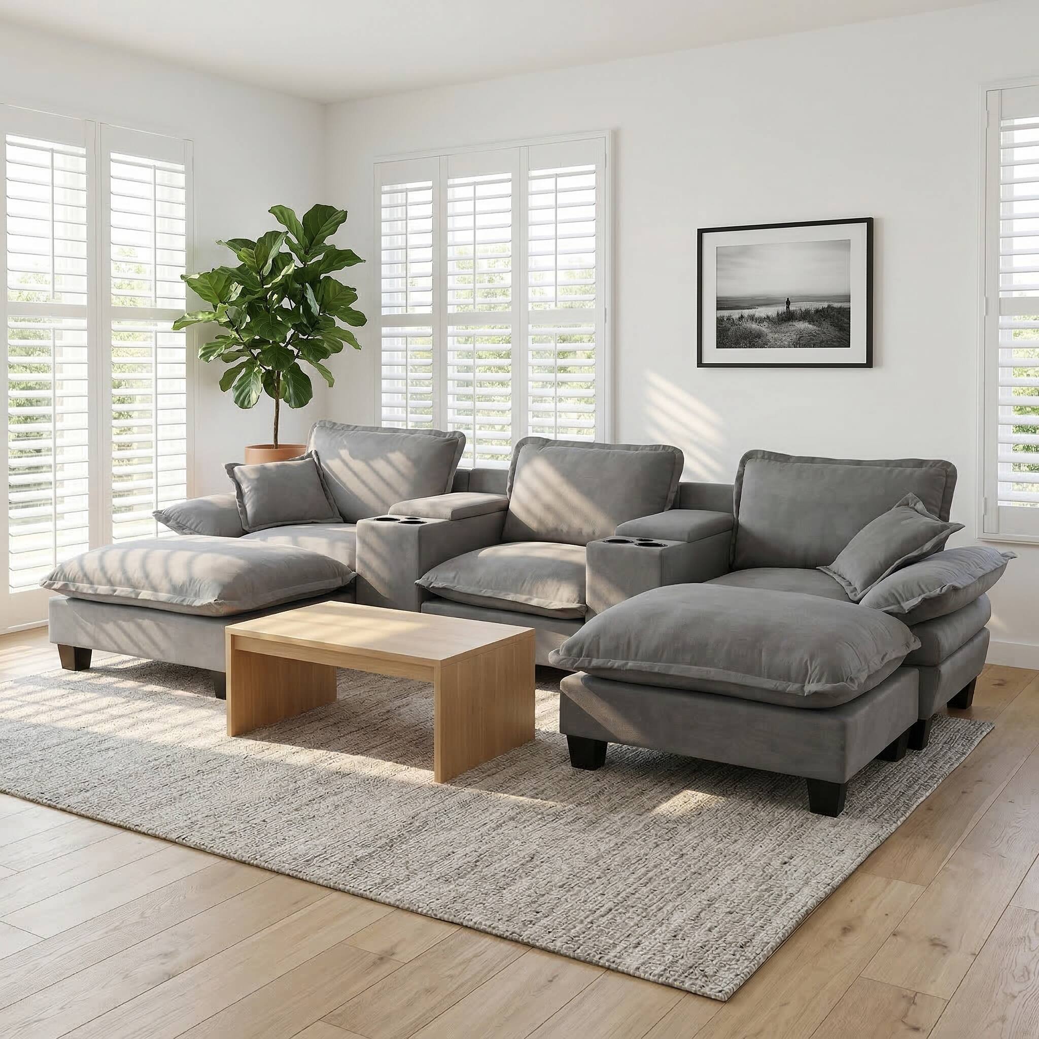 Back. Roomtec - Modular Cloud Couch UShape Sailboat Sofa with Cup Holders Storage USB Port 2 Ottomans 2 Pillows Chenille for Apartment - Grey.