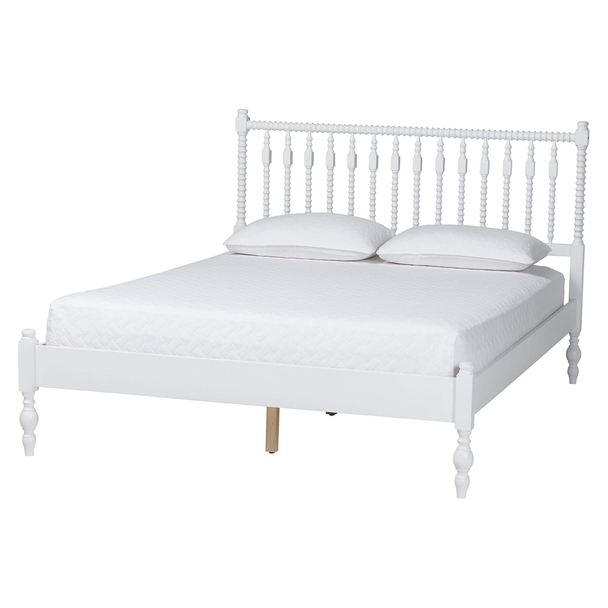 Baxton Studio - Callison Spindle Platform Bed - Turned Farmhouse Bed Frame with Spoked Headboard and Sculpted Legs, Full - White