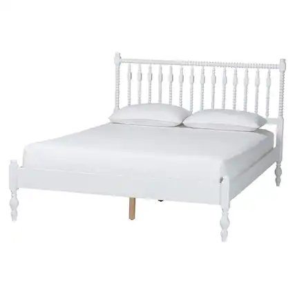 Front. Baxton Studio - Callison Spindle Platform Bed - Turned Farmhouse Bed Frame with Spoked Headboard and Sculpted Legs, Full - White.