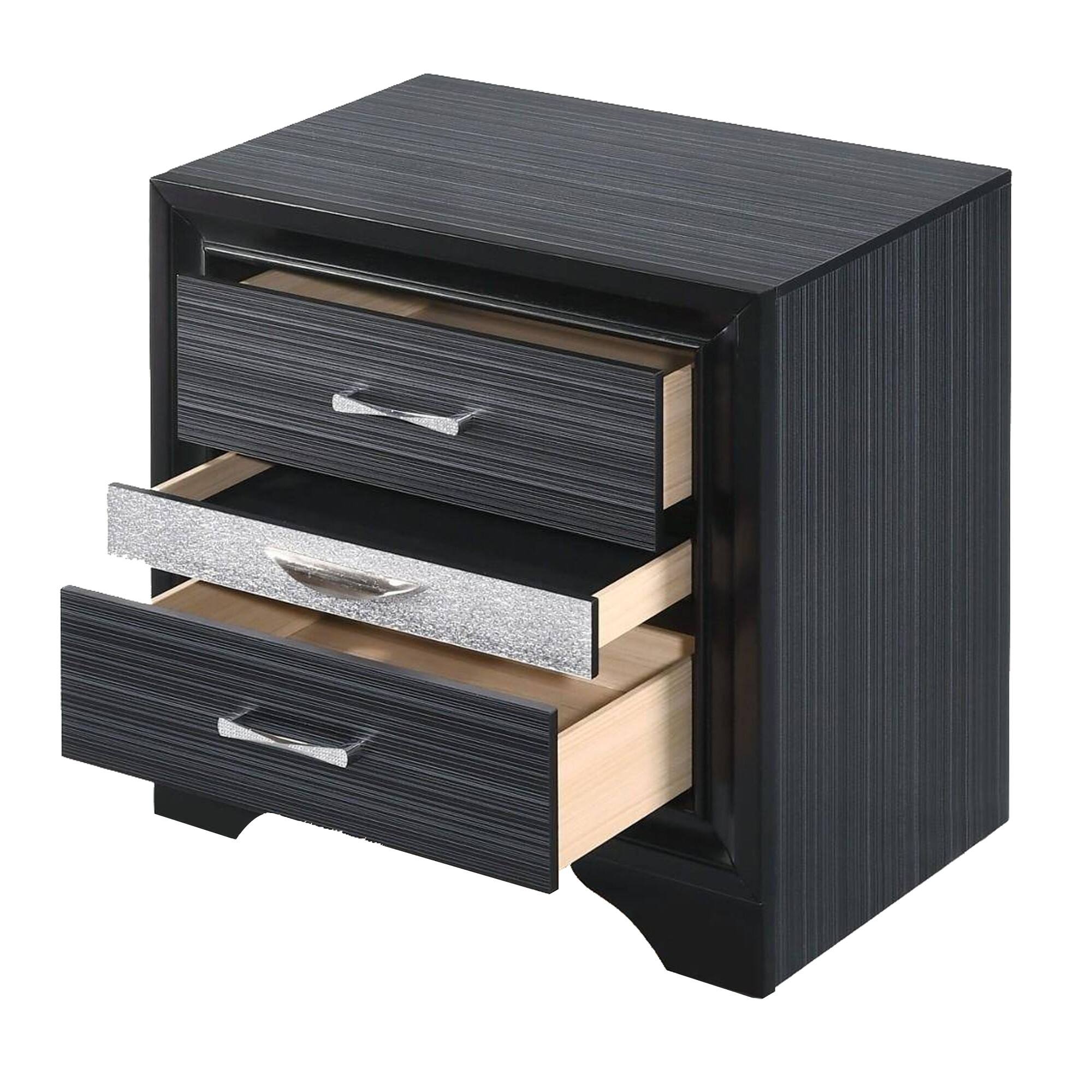 Alt View 2. Manhattan Lane - Two Tone Wooden Nightstand With Three Drawers - Black, Silver.