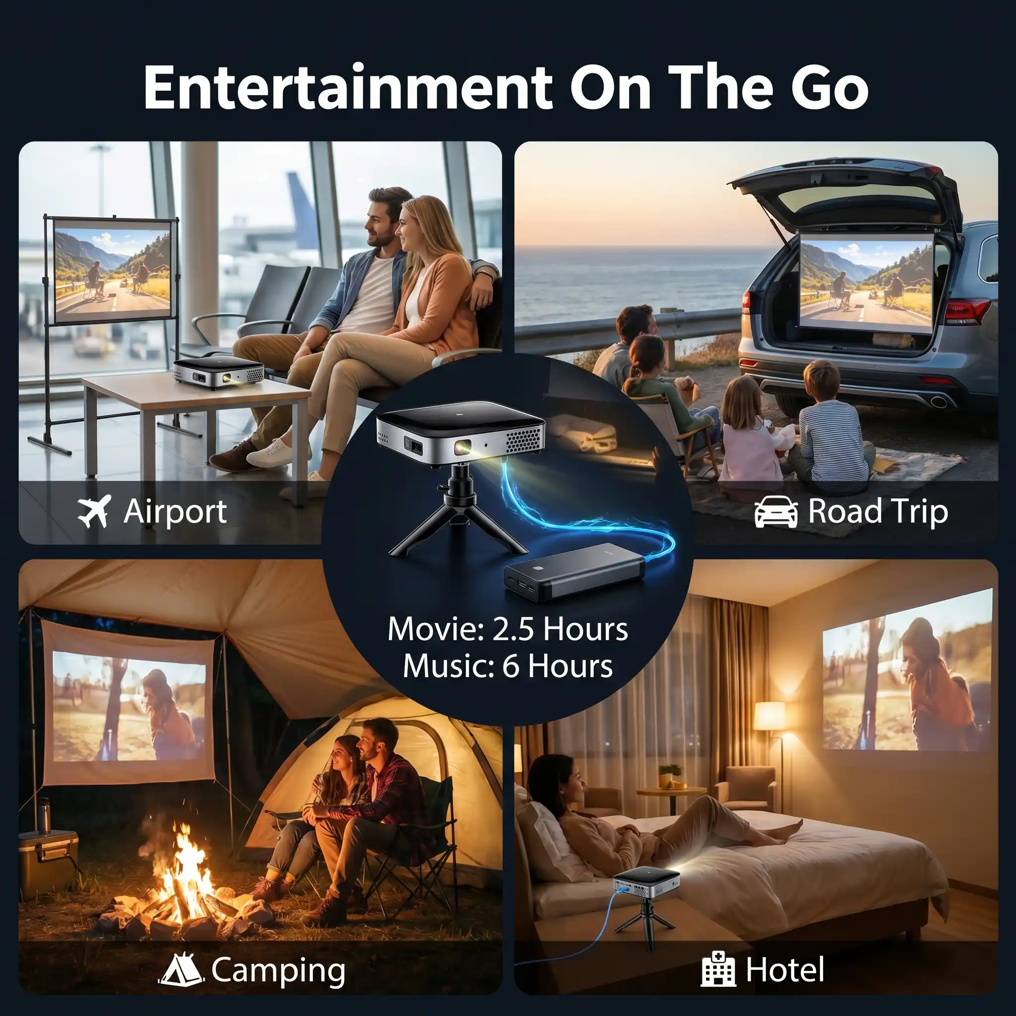 Entertainment On The Go

Airport
Road Trip
Camping
Hotel

Movie: 2.5 Hours
Music: 6 Hours