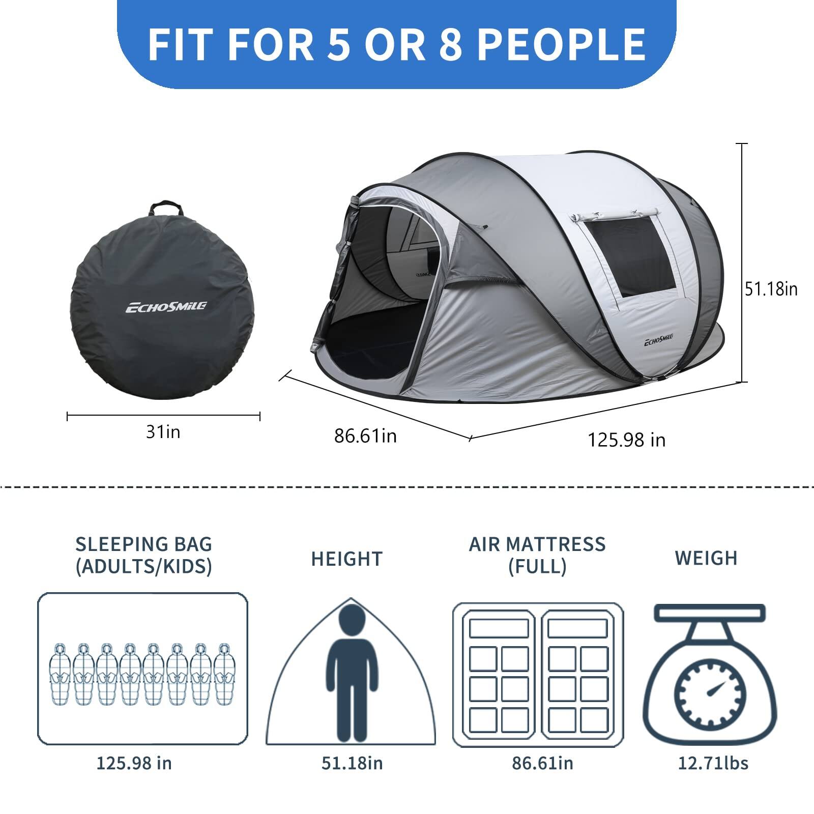 The text in the image can be grouped and corrected as follows:

- **Fit for 5 or 8 people**
- **Echosmale**
- **Dimensions:**
  - **Sleeping Bag (Adults/Kids):** 125.98 in
  - **Height:** 51.18 in
  - **Air Mattress (Full):** 86.61 in
  - **Weight:** 12.71 lbs
- **Packaged Size:** 31 in x 51.18 in x 86.61 in