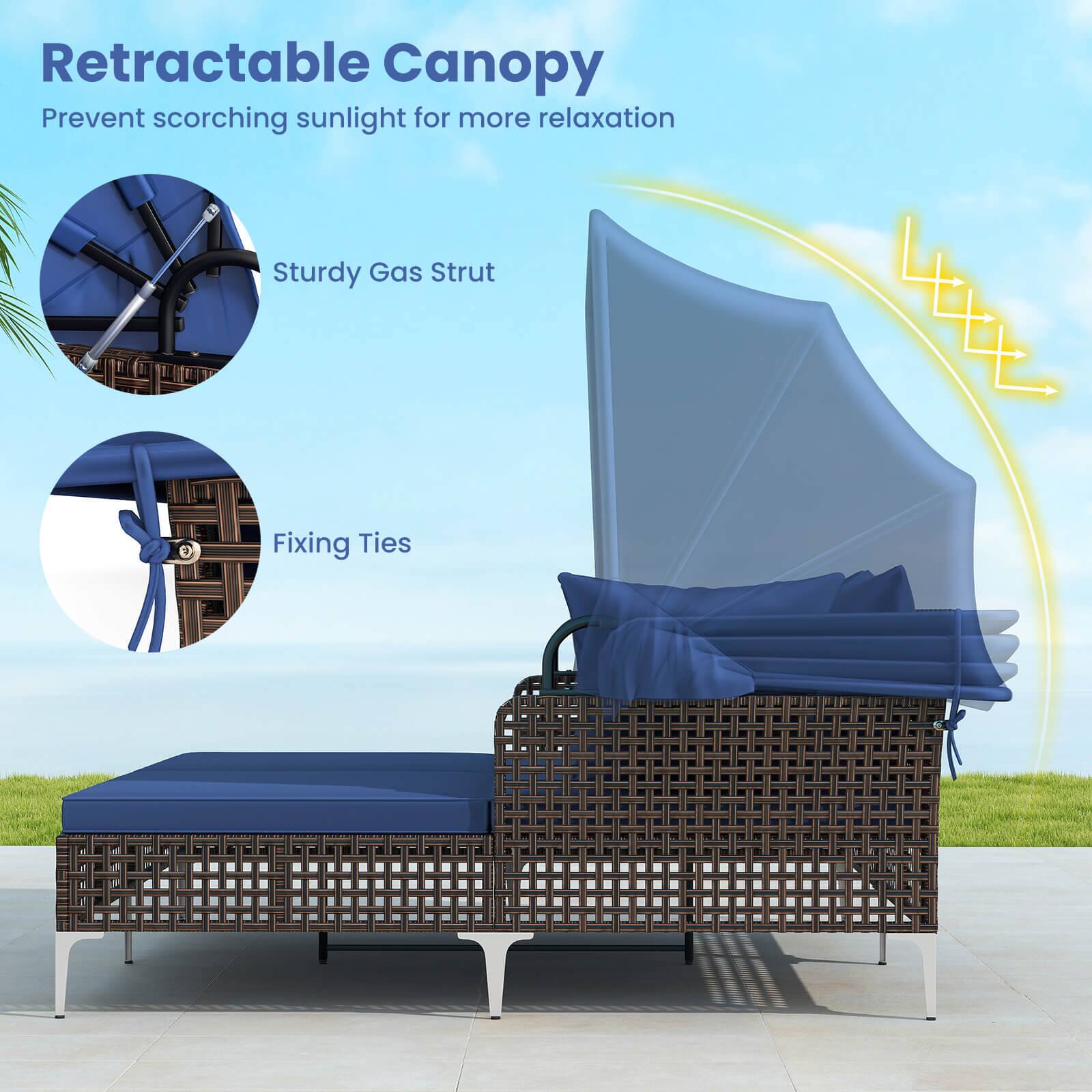 Retractable Canopy  
Prevent scorching sunlight for more relaxation  

Sturdy Gas Strut  
Fixing Ties