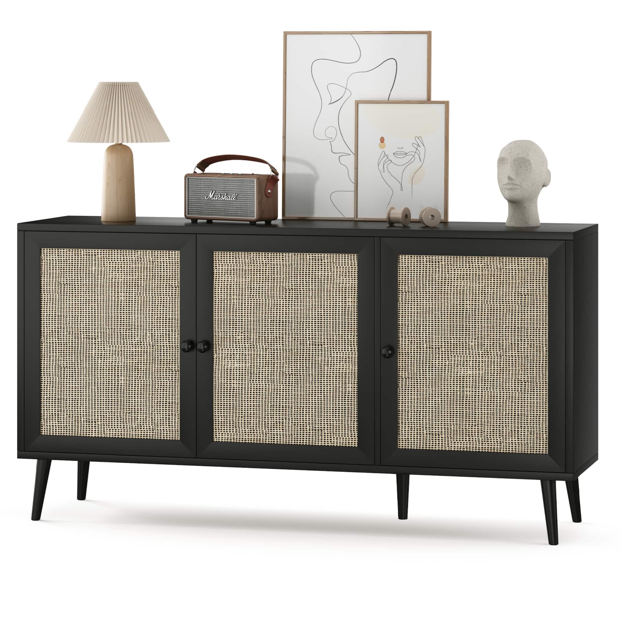 GOODSILO - Modern Rattan Sideboard Buffet Cabinet with Three Doors, Large Kitchen Storage Console Cabinet for Living Room Entryway - Black