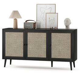 GOODSILO - Modern Rattan Sideboard Buffet Cabinet with Three Doors, Large Kitchen Storage Console Cabinet for Living Room Entryway - Black