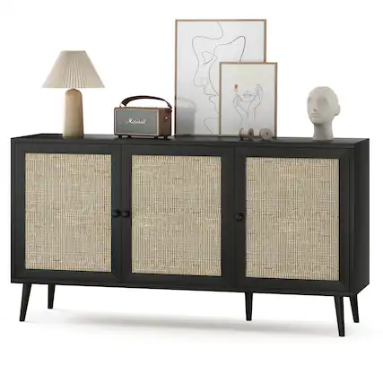 Front. GOODSILO - Modern Rattan Sideboard Buffet Cabinet with Three Doors, Large Kitchen Storage Console Cabinet for Living Room Entryway - Black.