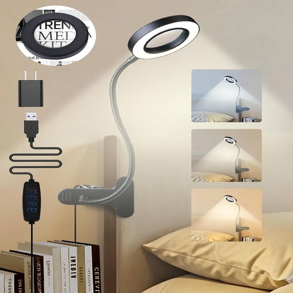 Schertz - 10X Magnifying Glass with Light, 58 LED Clip-on Lamp with 3 Colors & 10 Brightness Levels, 750 Lumen Desk/Bed Magnifier - Black