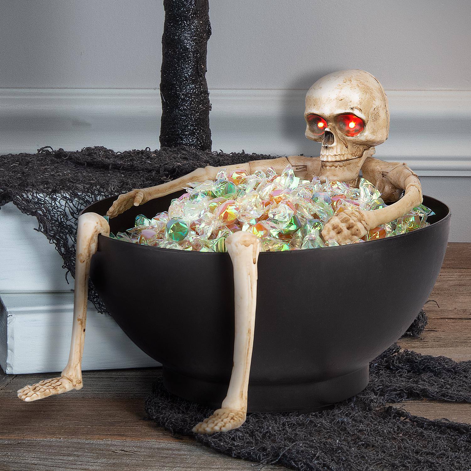 Angle. Gemmy - Gemmy Red 7.5 in. LED Candy Bowl Grabbing Skeleton Halloween Decor - Black | Beige | Red.