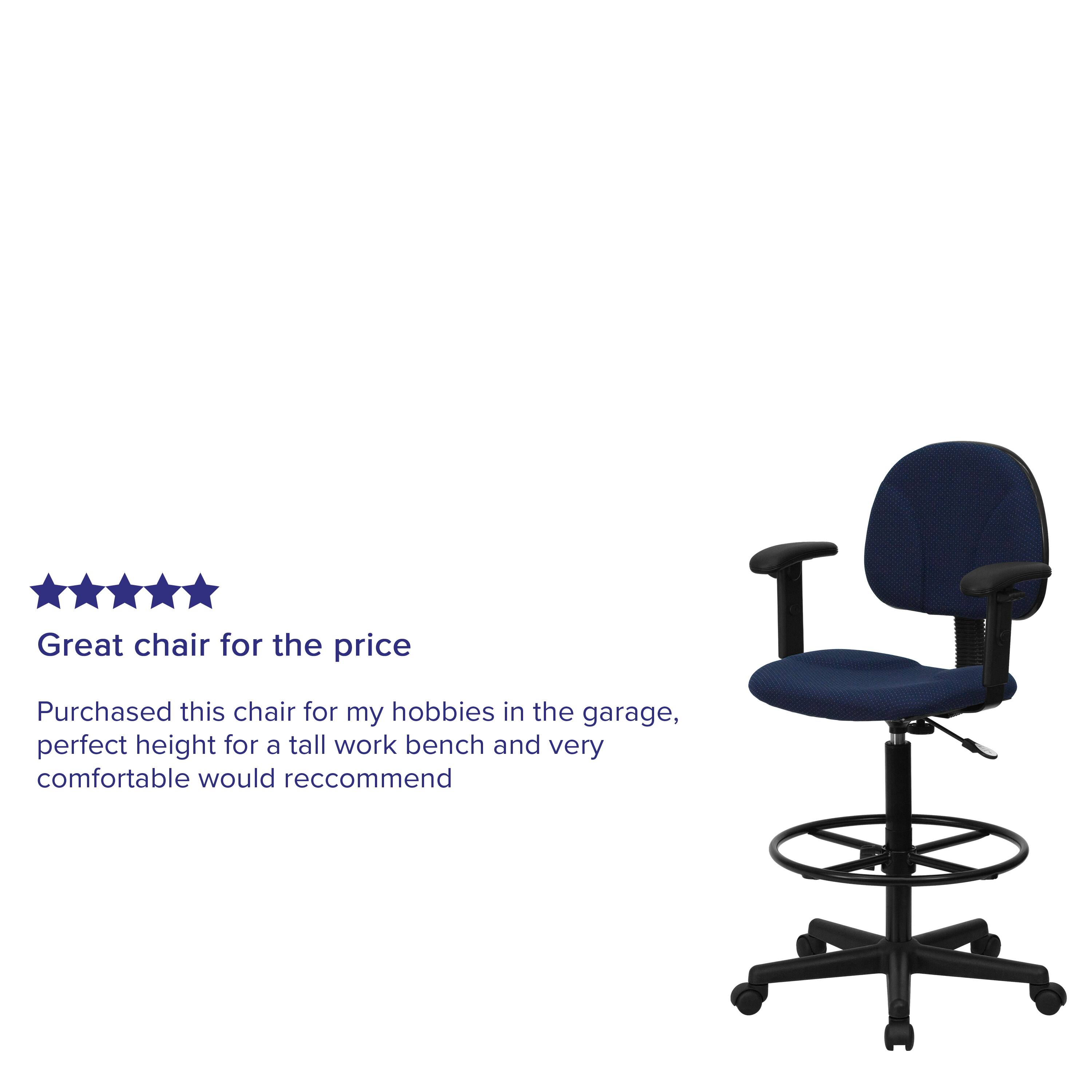 Great chair for the price

Purchased this chair for my hobbies in the garage, perfect height for a tall work bench and very comfortable would recommend