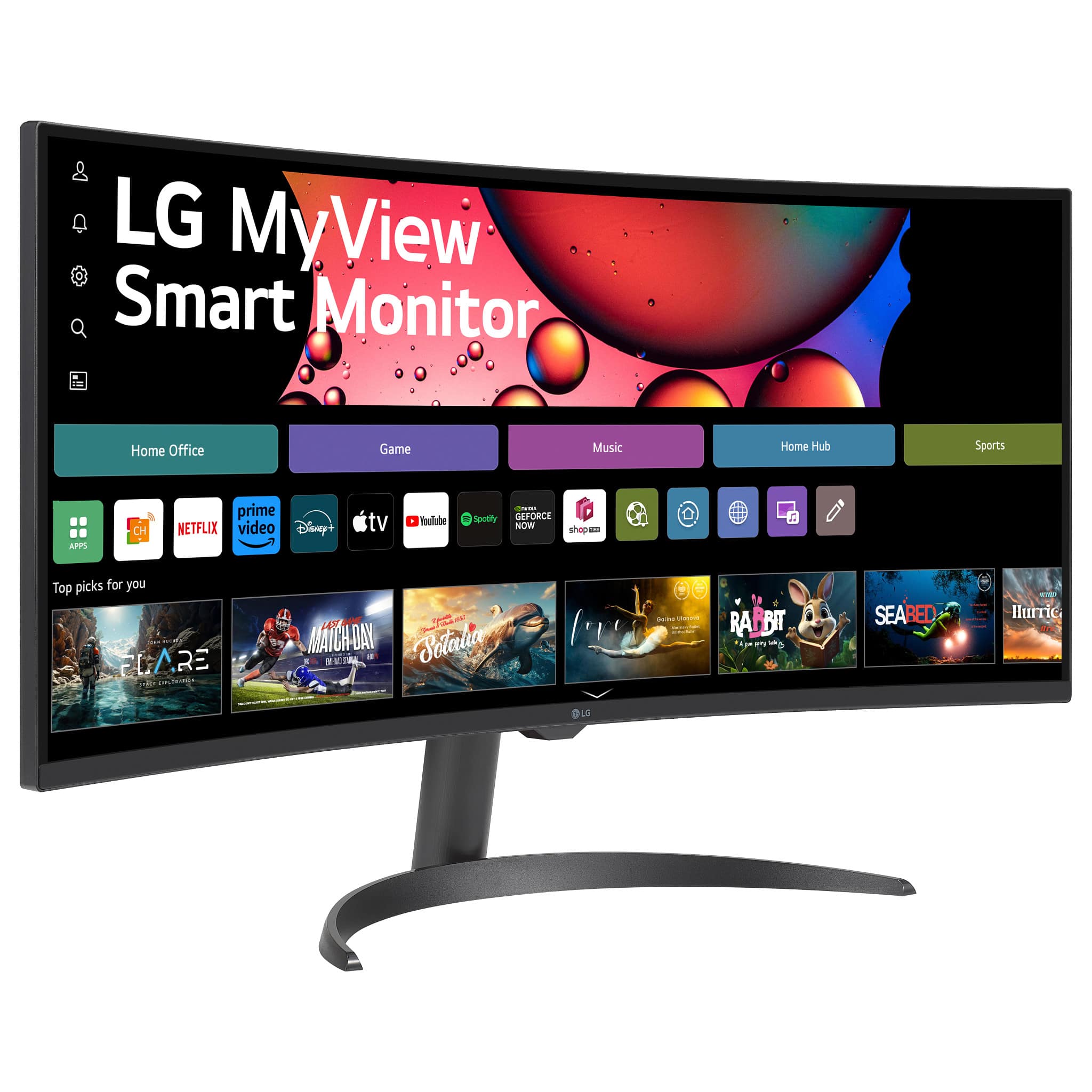 LG MyView Smart Monitor Home Office Game Music Home Hub Sports APPS CH prime NETFLIX video Disney+ tv Toolabe - Spotify GEFORCE NOW shapam Top picks for you s LARE RE i - WE - MAICHDAY DAY Sotata - - RA BIT i 5 SEABED .. llurric Ara 1