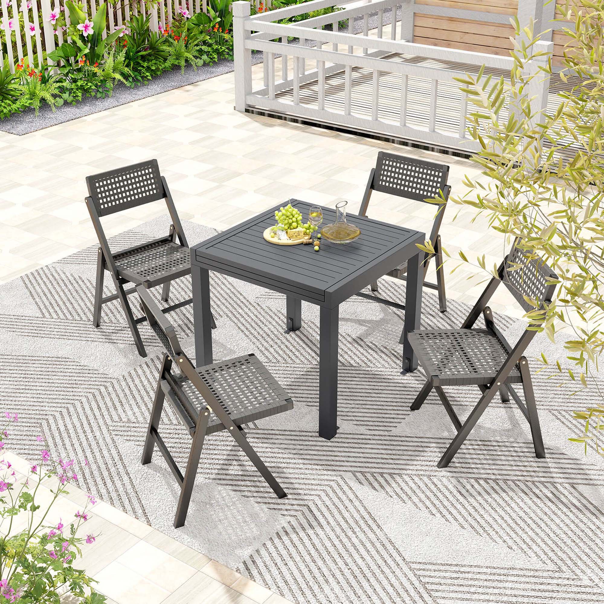 Back. Costway - 31.5"-63" Expandable Patio Dining Table for 4-6 Person with Slatted Tabletop - Dark Grey.