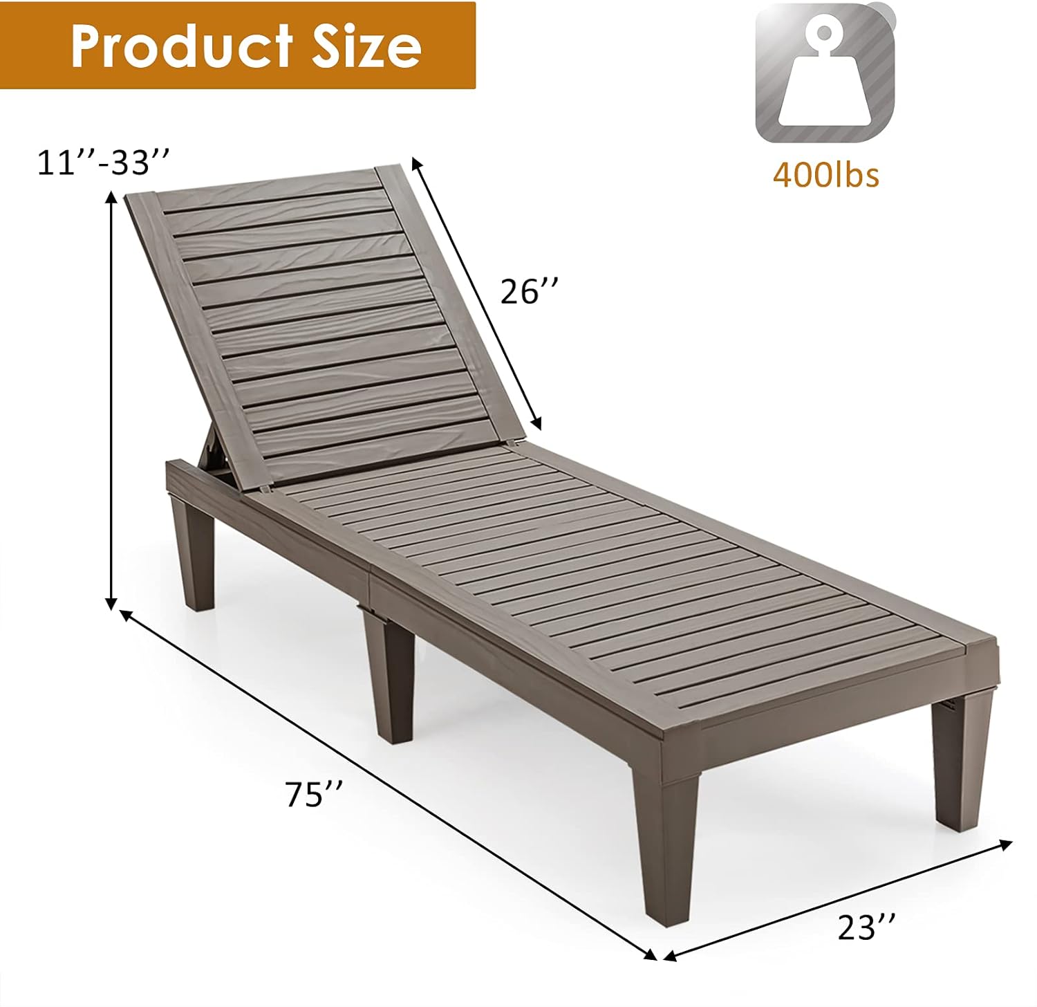 Product Size: 11" - 33", 400lbs, 26", 75", 23"