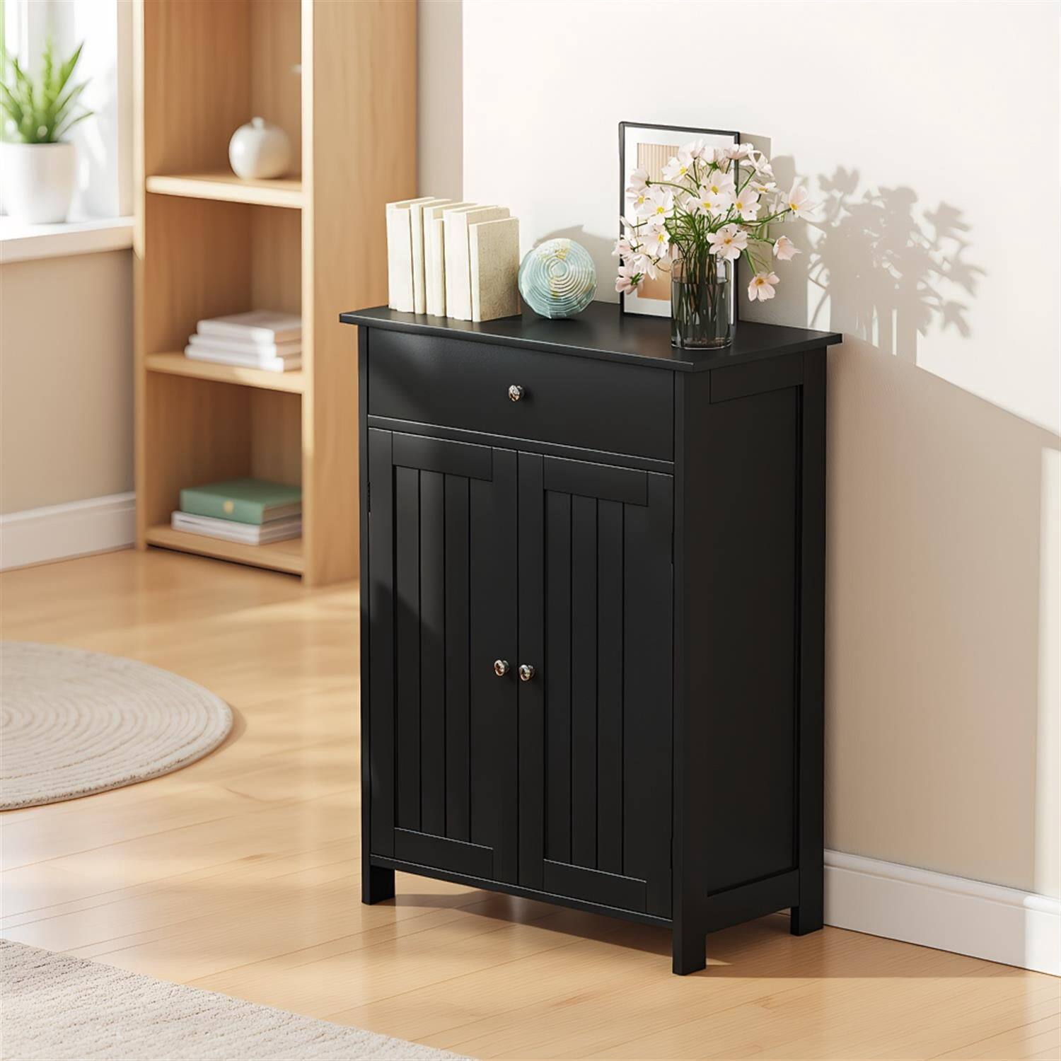 Pefilos - Bathroom Floor Cabinet, Freestanding Storage Organizer, 2 Doors Drawer, Magnetic Catch - Black